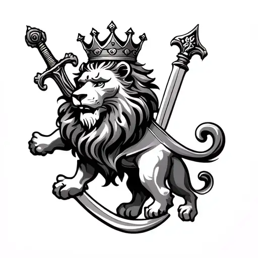 Heraldic Lion With Crown And Irish Sword Surrounded