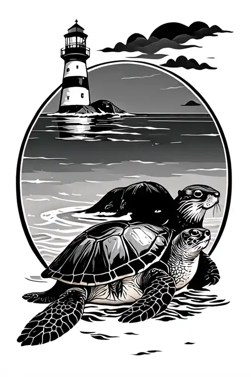Sea Turtle With Otters And A Lighthouse Surrounded