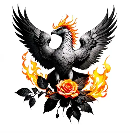Femenin Pheonix Holding Burning Rose In Its Claws