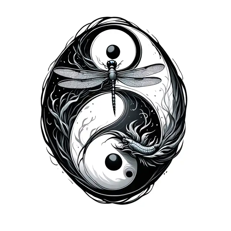 Yin Yang Symbol With A Dragonfly