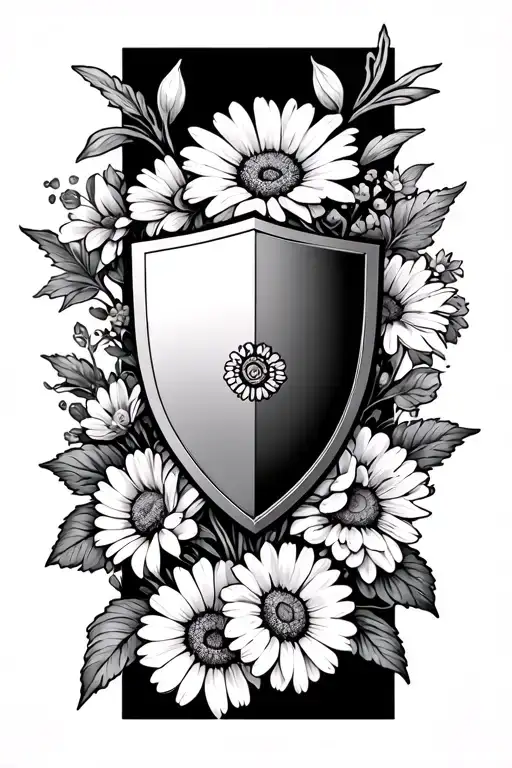 Shield And Flowers Surrounding Marigold Primrose Daisy Violet
