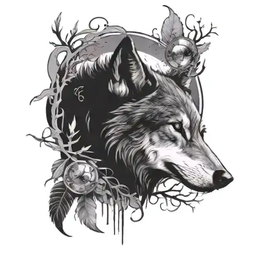 A Black And Grey Tattoo Of A Wolf Surrounded By Mystical Elements In A Moonlit Forest