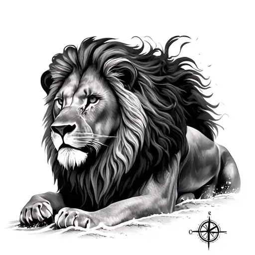 Lion On Beach With Compass Rose