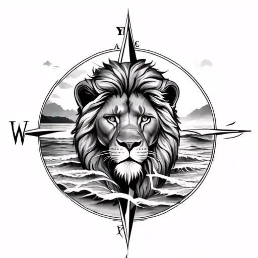 Feminine Lion On Beach With Compass Rose Intertwined
