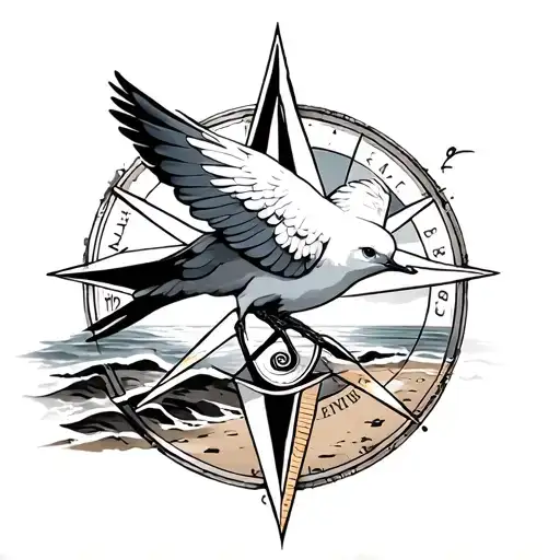 Feminine Dove On Beach With Compass Rose Intertwined