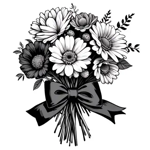 5 Different Flowers Into Bouquet Wrapped With Bow Tie