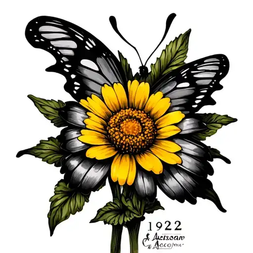 Yellow Daisy Tattoo With 1922 In Roman Numerals Butterfly