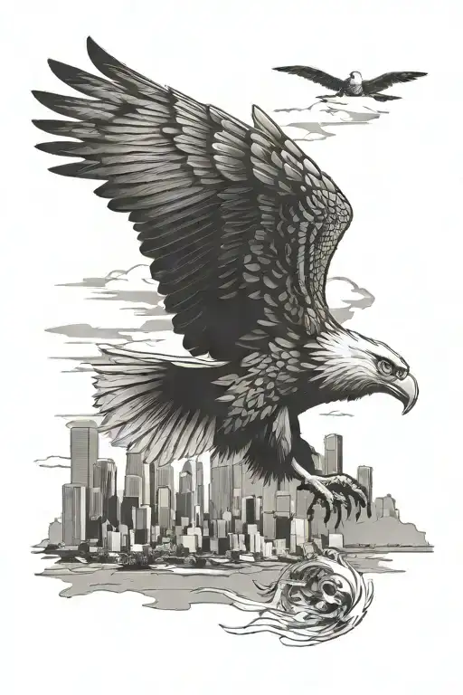 Mexican Eagle Landing On Los Angeles Skyline