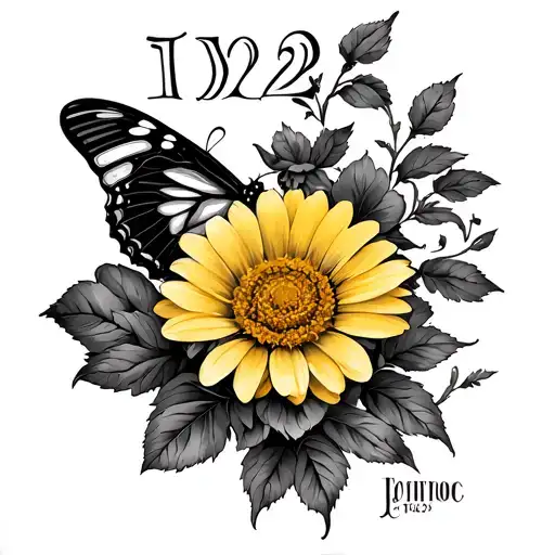 Yellow Daisy Tattoo With 1922 In Roman Numerals Butterfly And Rose