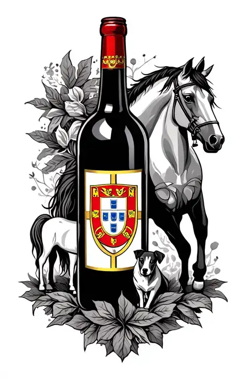 Portugese Flag Modern Tattoo Design Include Wine Bottle Include A Horse And Dog