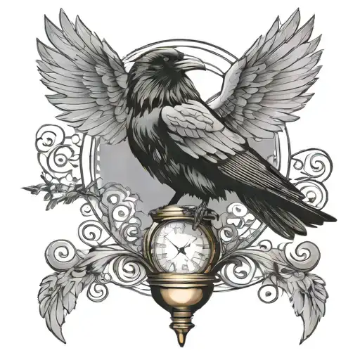 Raven With Wings Spread On Top Of An Hourglass