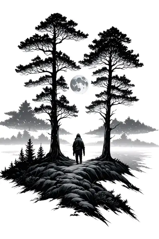 Forest With Person In The Distant And Moon Above