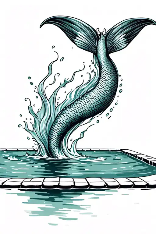Side View Of A Swimming Pool With Mermaid Tail Fins Breeching The Water