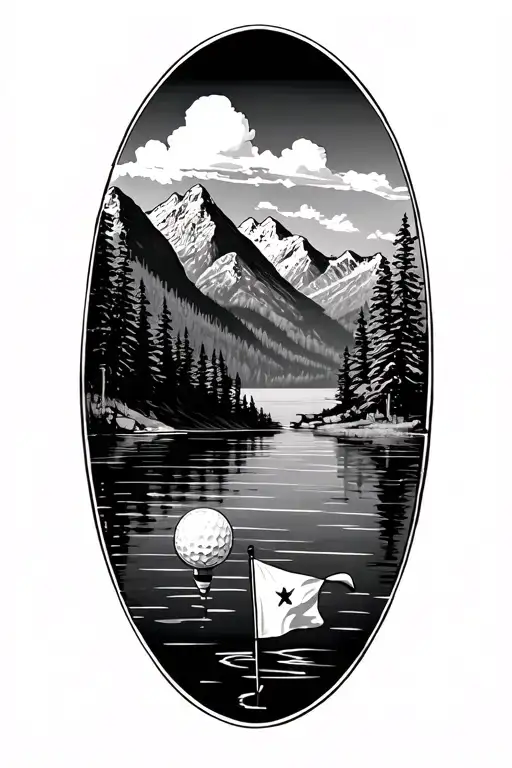 Lake Surrounded By Mountains With Golf Flag Intertwined