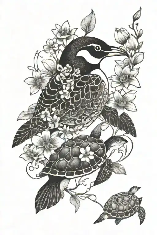 Penguin Turtle Flowers Surrounding