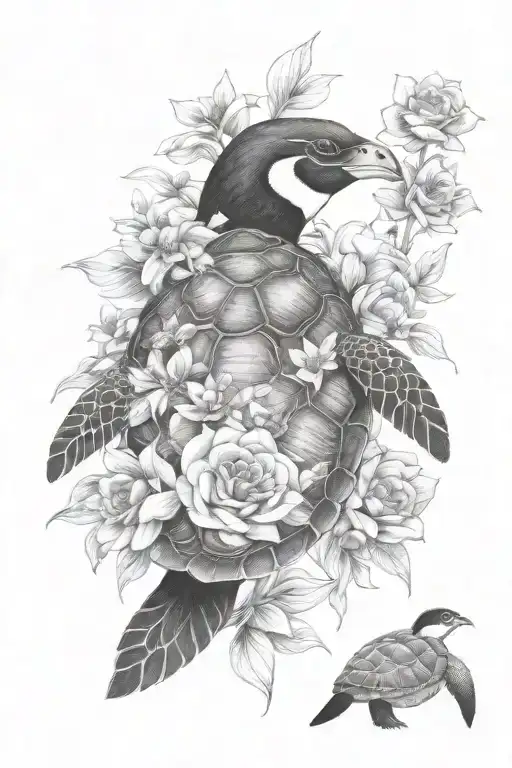 Turtle Holding Penguin With Flowers Intertwined