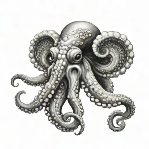 A Realistic Black And Grey Portrait Of A Octopus Holding A Conch Shell