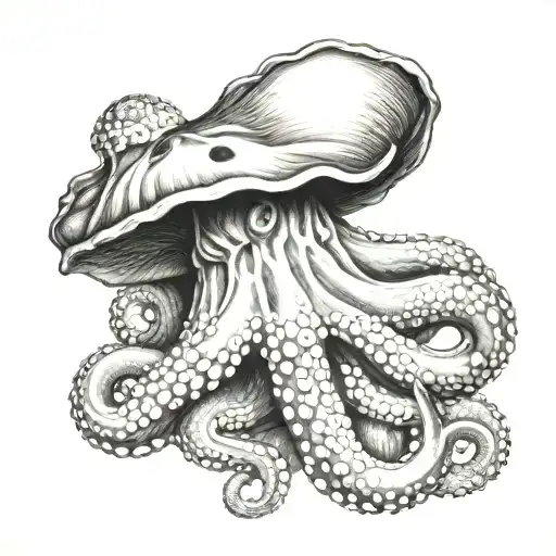 A Realistic Black And Grey Portrait Of A Octopus And A Conch Shell