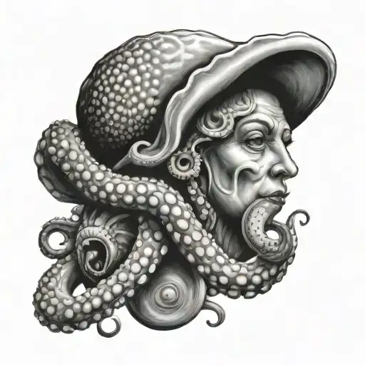 Black And Grey Portrait Of A Octopus And A Conch Shell