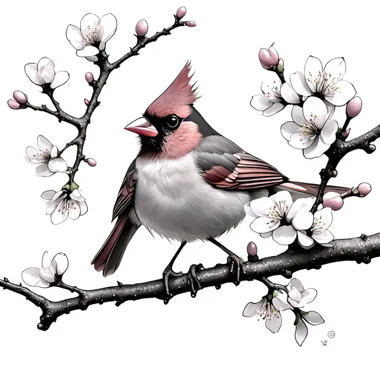 Cardinal In Cherry Blossom Tree Branch