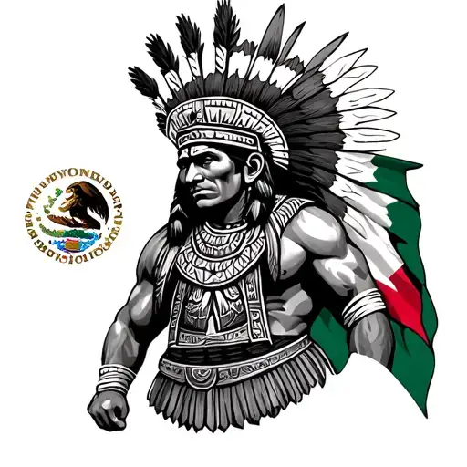 Aztec Warrior With Mexican Flag And United States