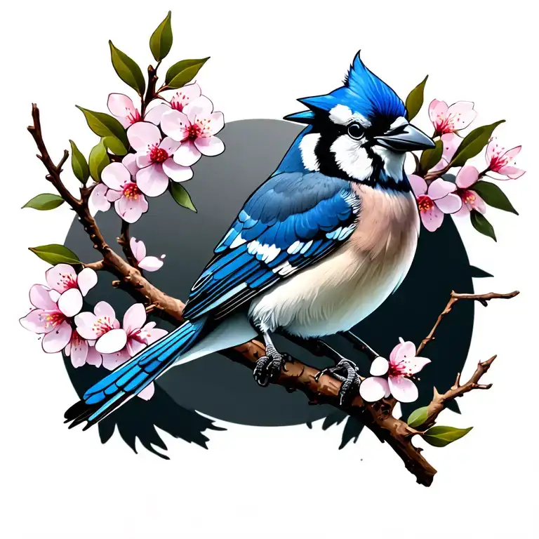 Blue Jay In Cherry Blossom Tree Branch