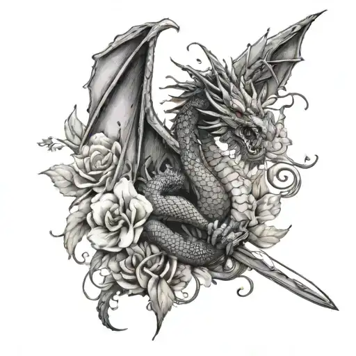 A Red Dragon Surrounded By Flowers With A Sword Through Uy