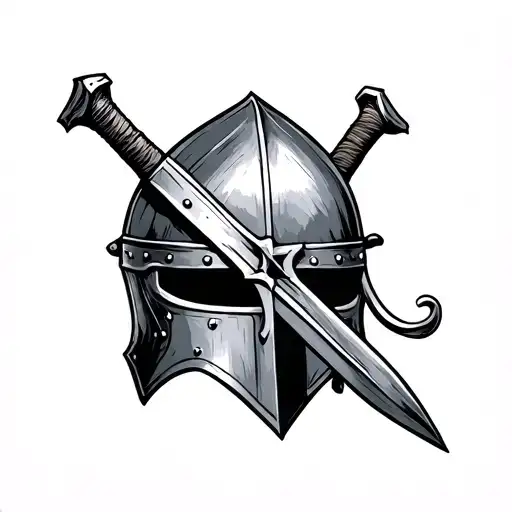 Crusader Helmet And Two Handed Sword Black And White Sketch Outlines Minimalistic