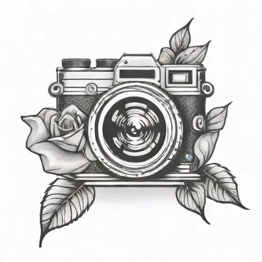 A Black And Grey Tattoo Of A Camera Lens With A Rose Reflection