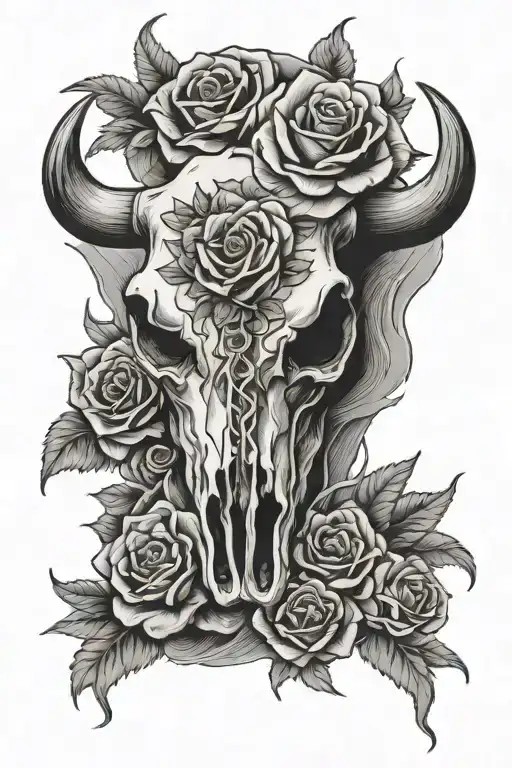 Western Cow Skull With Mountains And Roses Intertwined