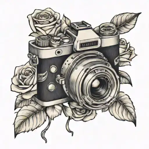 A Realistic Black And Grey Tattoo Of A Camera Surrounded By Blooming Roses