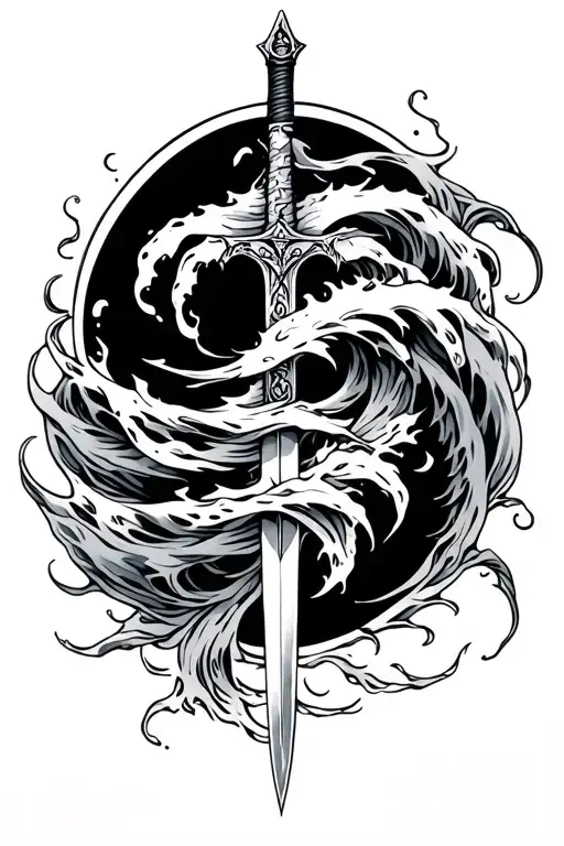 Water Waves And Sword Intertwined