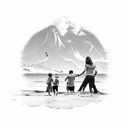 Parents Holding Childrens On The Beach Looking At The Mountains
