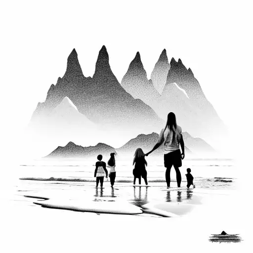 Parents Holding Childrens On The Beach Looking At The Mountains