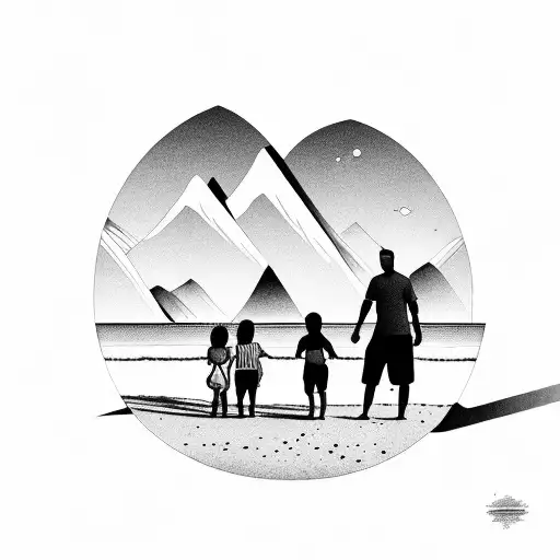 Parents Holding Childrens On The Beach Looking At The Mountains