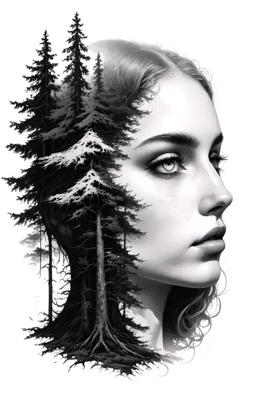 A Beautiful Female Head From Which A Forest Grows That Is Divided Into A Light And Dark Side