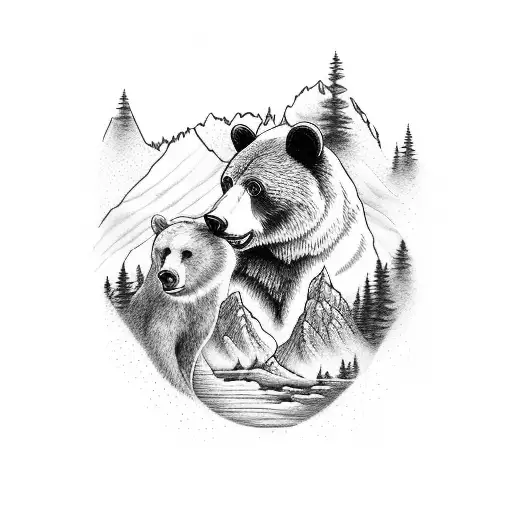 Bear With Deer And Mountains