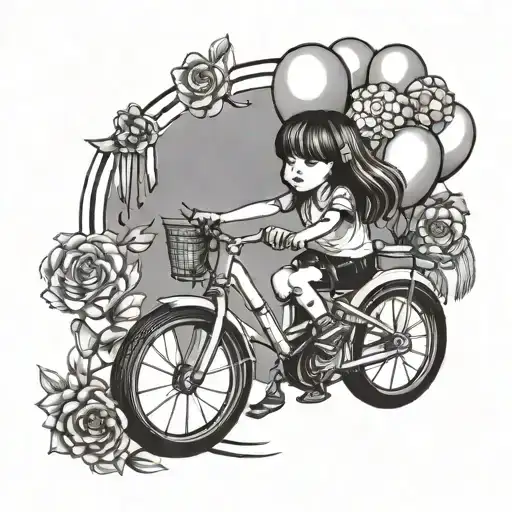 Little Girl Riding Pedal Bike With Tassels On Handle Bars With Flowers And Balloons