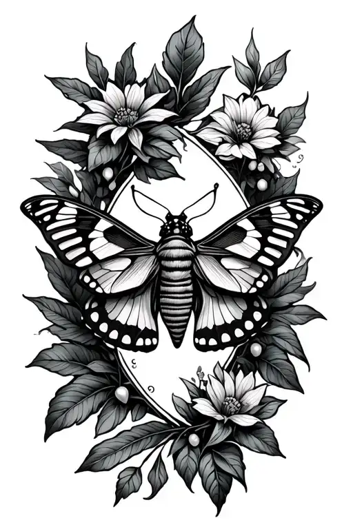 Moth Tattoo With Plants Around It