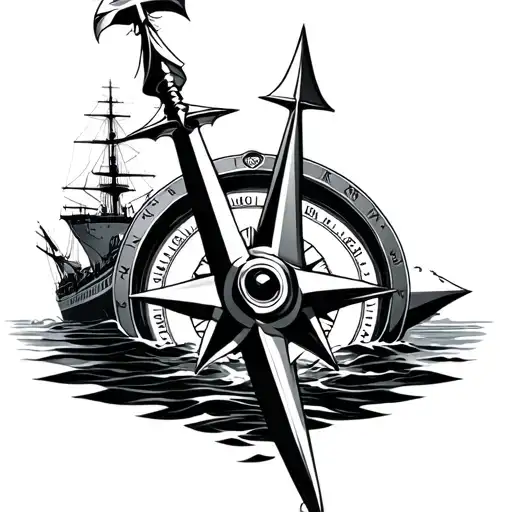 Trident Surrounded By Water Ww2 Naval Ship In The Background Large Compass Rose