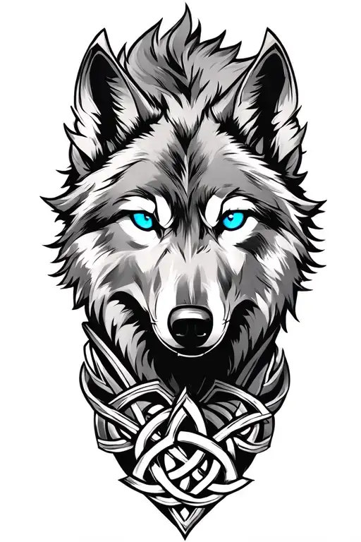 Wolf With Blue Eyes On Armor Tattoo Design Featuring Celtic Trinity Knot