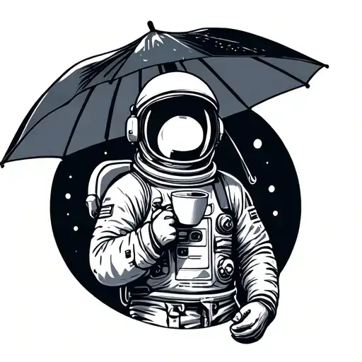 Astronaut With A Cup Of Coffee Holding An Open Umbrella