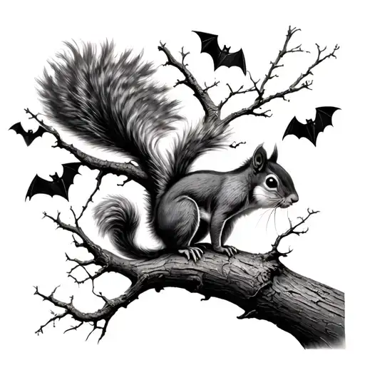 Tree Branch With Squirrel And Bat