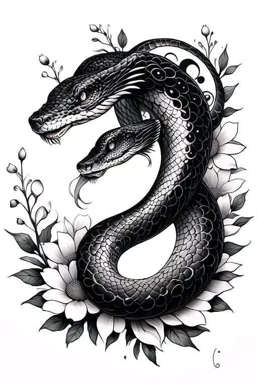Snake With Flowers And Moon Phases Incorporated