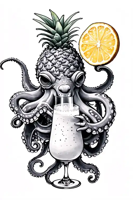 Octopus Holding Pina Colada Cocktail In Watercolor