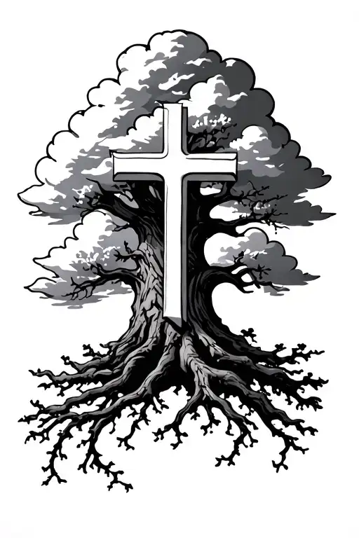 Cross On A Tree With Clouds Above