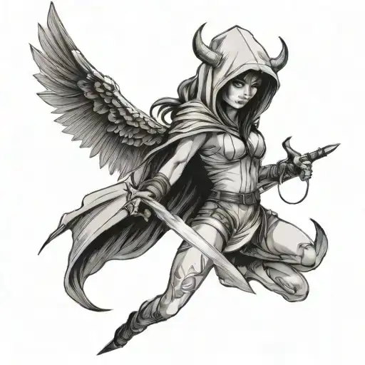 Woman With Devil Wings Holding A Sword Wearing A Hood
