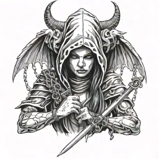 Woman With Devil Wings Holding A Sword Downward Wearing A Hood With Metal Chains On The Wings