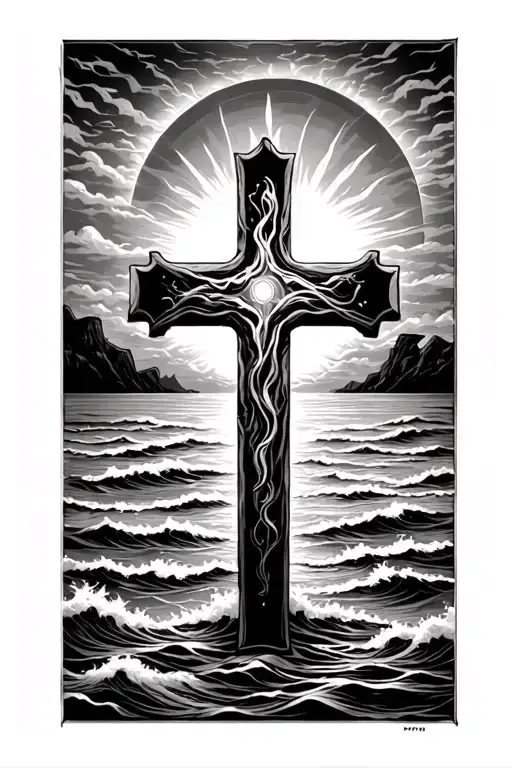 Cross With A Ocean View With A Sun In The Backround
