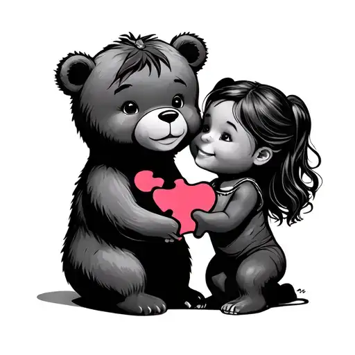 A Boy And Girl Simple Bear With A Puzzle Piece As The Heart